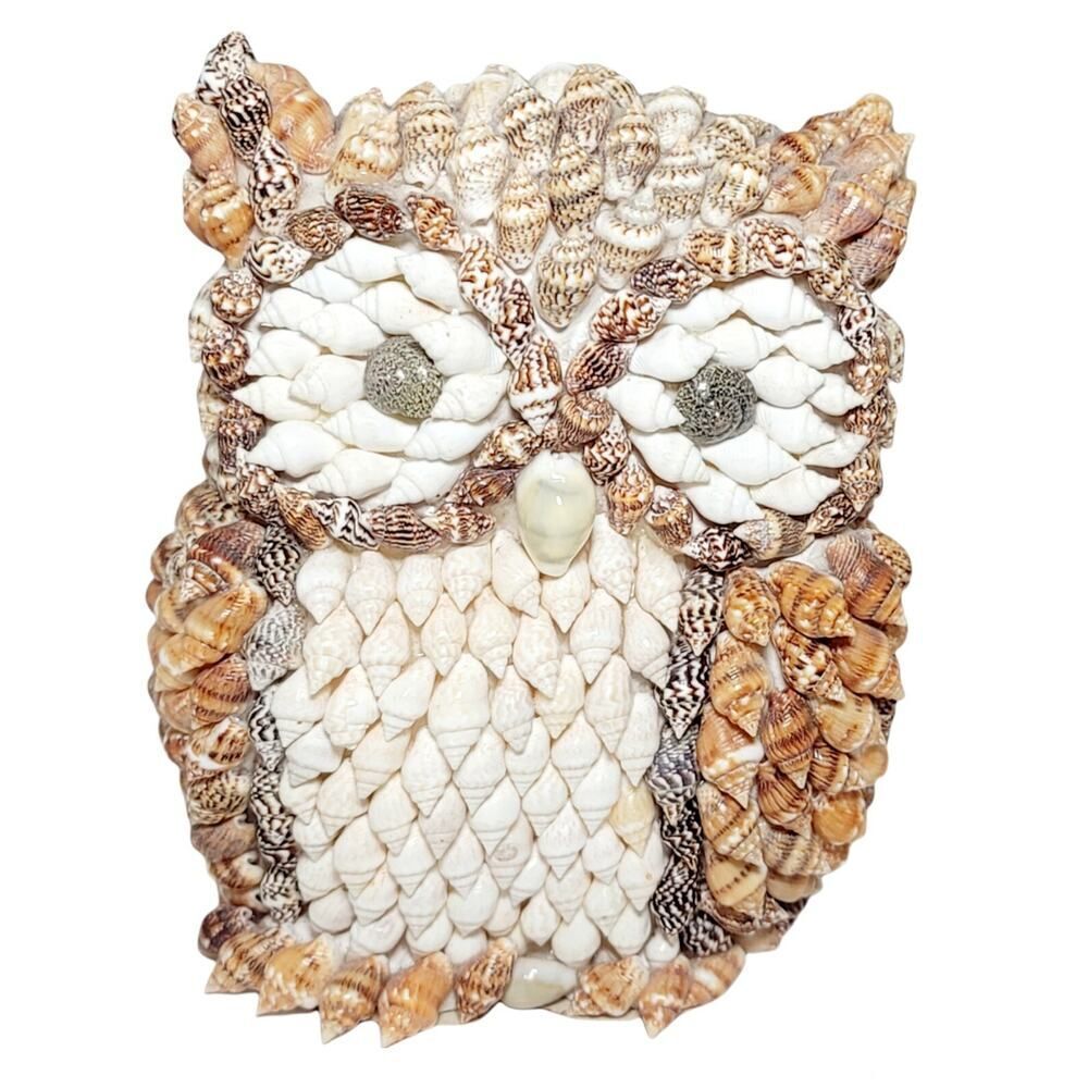 Vintage Folk Art Handmade Sea Shell Covered Colorful Owl Figurine 5.5" x 4"